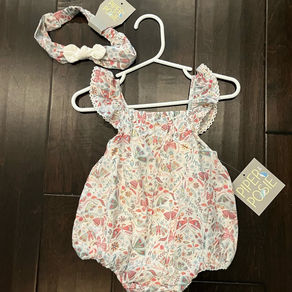 NWT Piper and Posie romper and headband set. 3-6 months